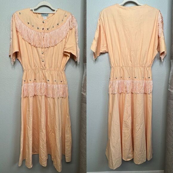 Womens Vtg LILIA SMITTY Exclusive Pink Fringed Western Dress USA Made Size 11/12 - Picture 1 of 6